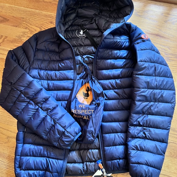 NWT Men’s size M Save The Duck Navy Hooded Puffer Jacket - Picture 3 of 5